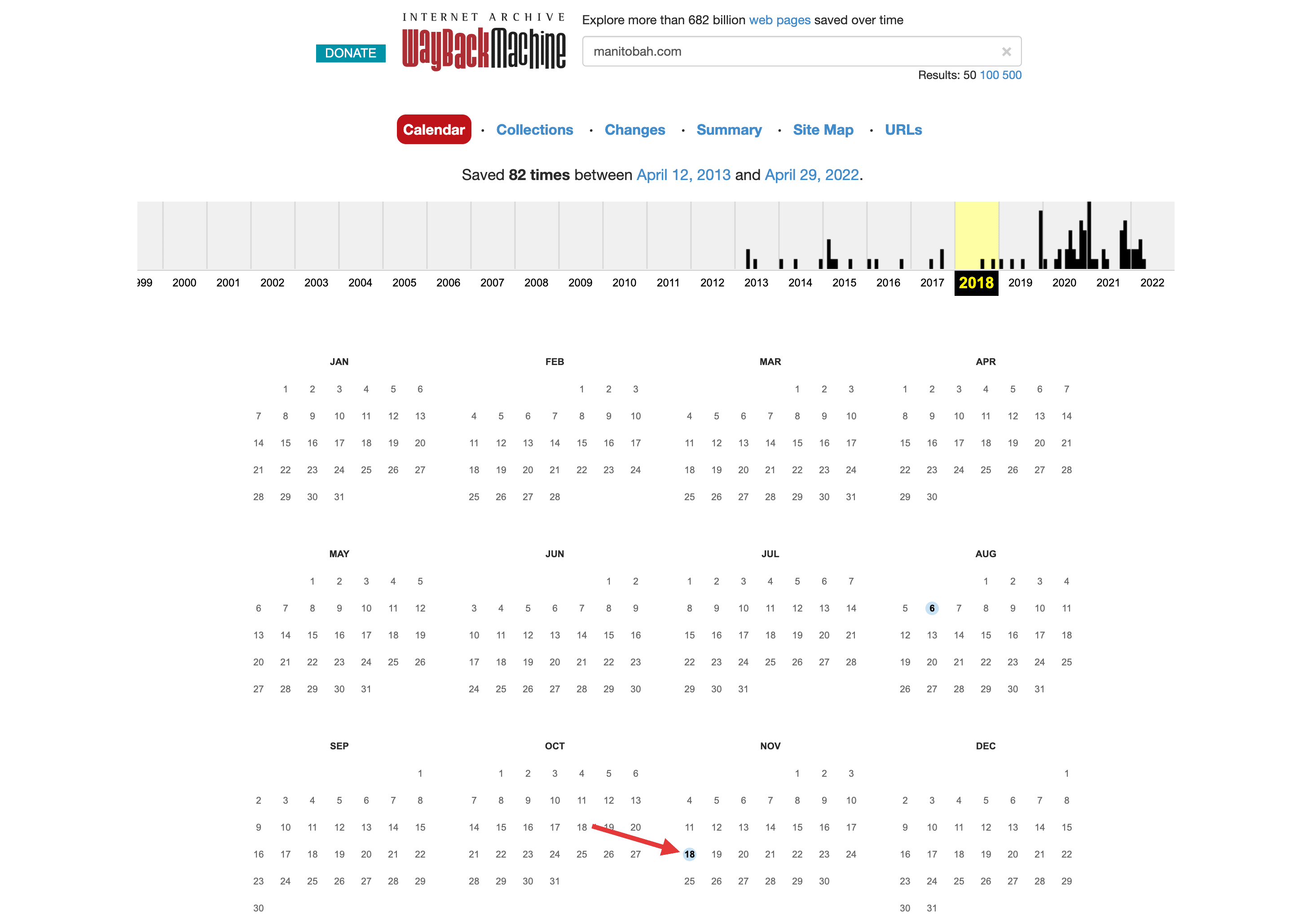 Calendar view from the Wayback Machine showing dates where snapshots of a domain were taken.