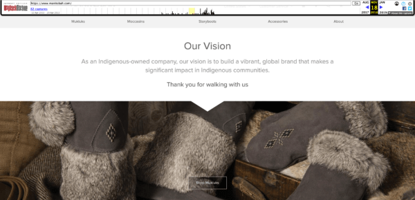 Wayback Machine snapshot of Manitobah.com from November 18, 2018 showing a page labeled "Our Vision."