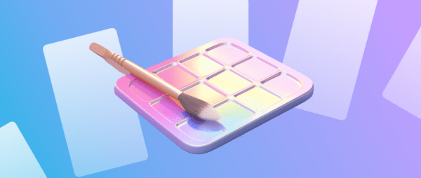 A palette and paintbrush suspended on a colorful pastel background representing Canva.