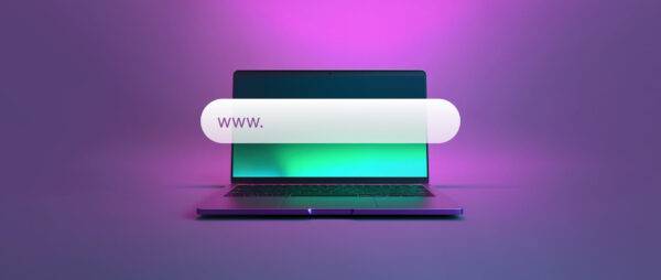 how to register a domain name: laptop with a search bar superimposed over it and www