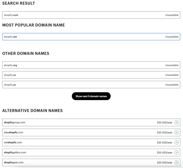 Shopify domain name checker search results and alternate suggestions