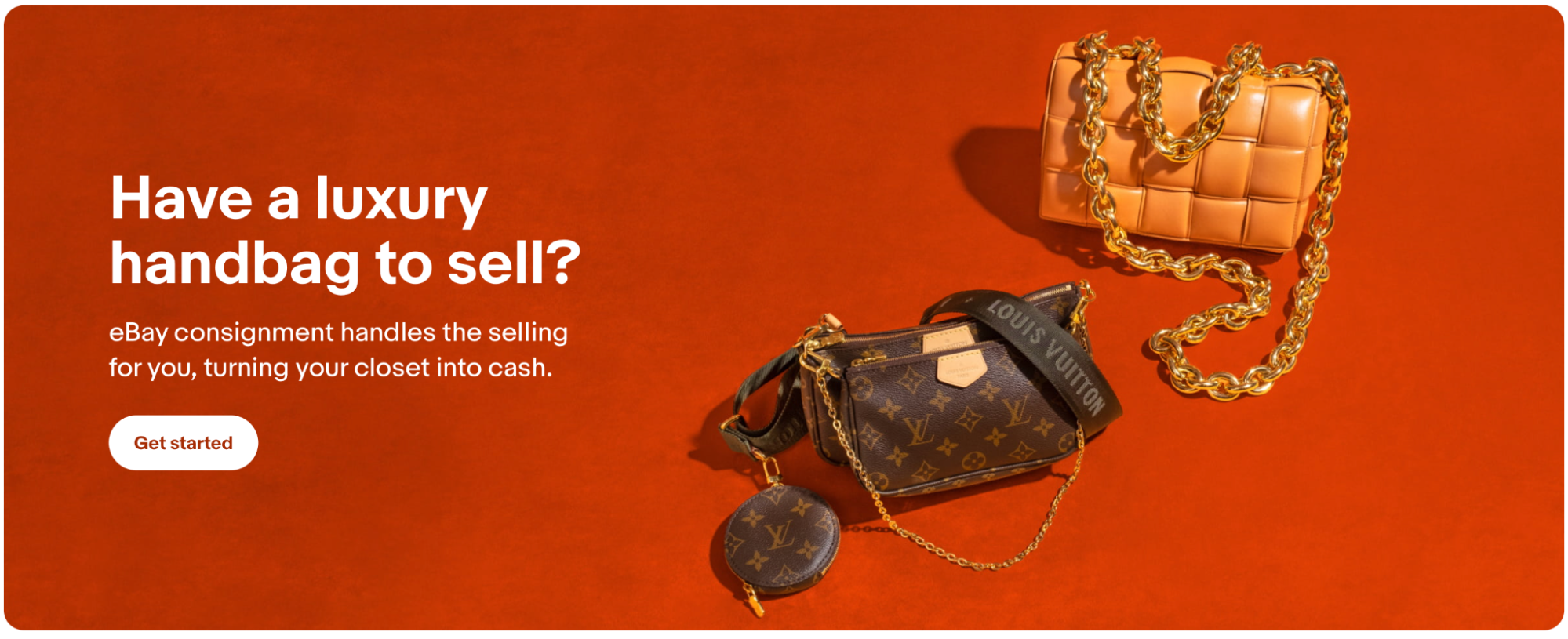 eBay ad promoting consignment services for luxury handbags like Louis Vuitton.