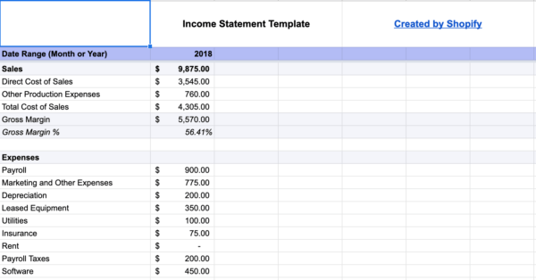 Income statement template created by Shopify with sales, cost of sales, gross margin, and expenses.