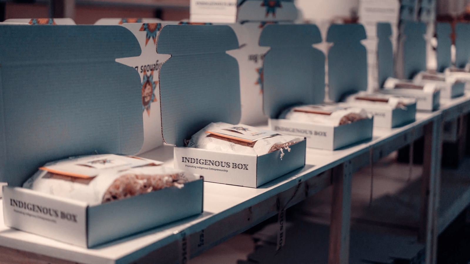 Row of blue boxes containing leaflets and handmade goods with “Indigenous Box” written on the side.