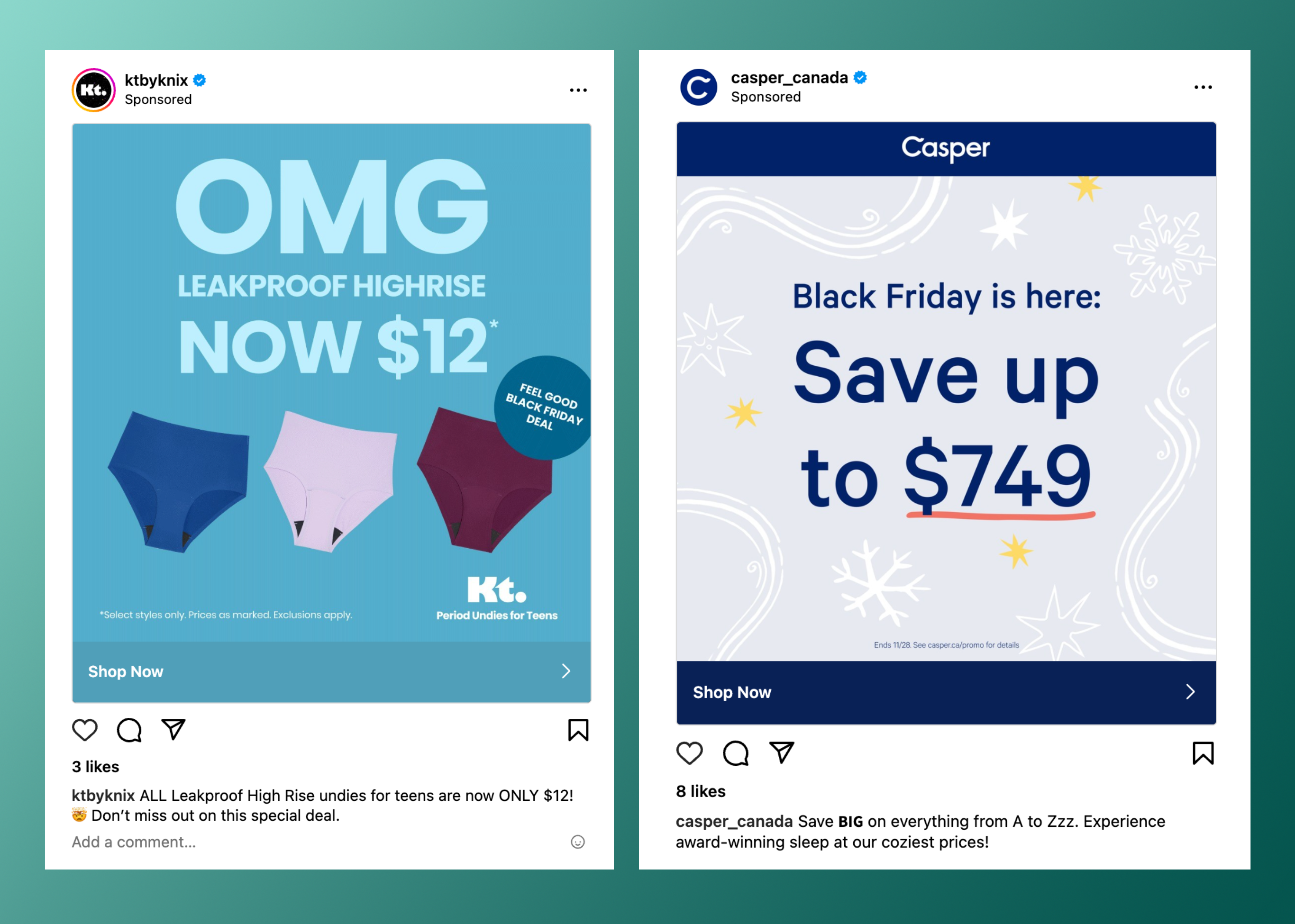 Side by side views of social media ads on Instagram in a mobile view