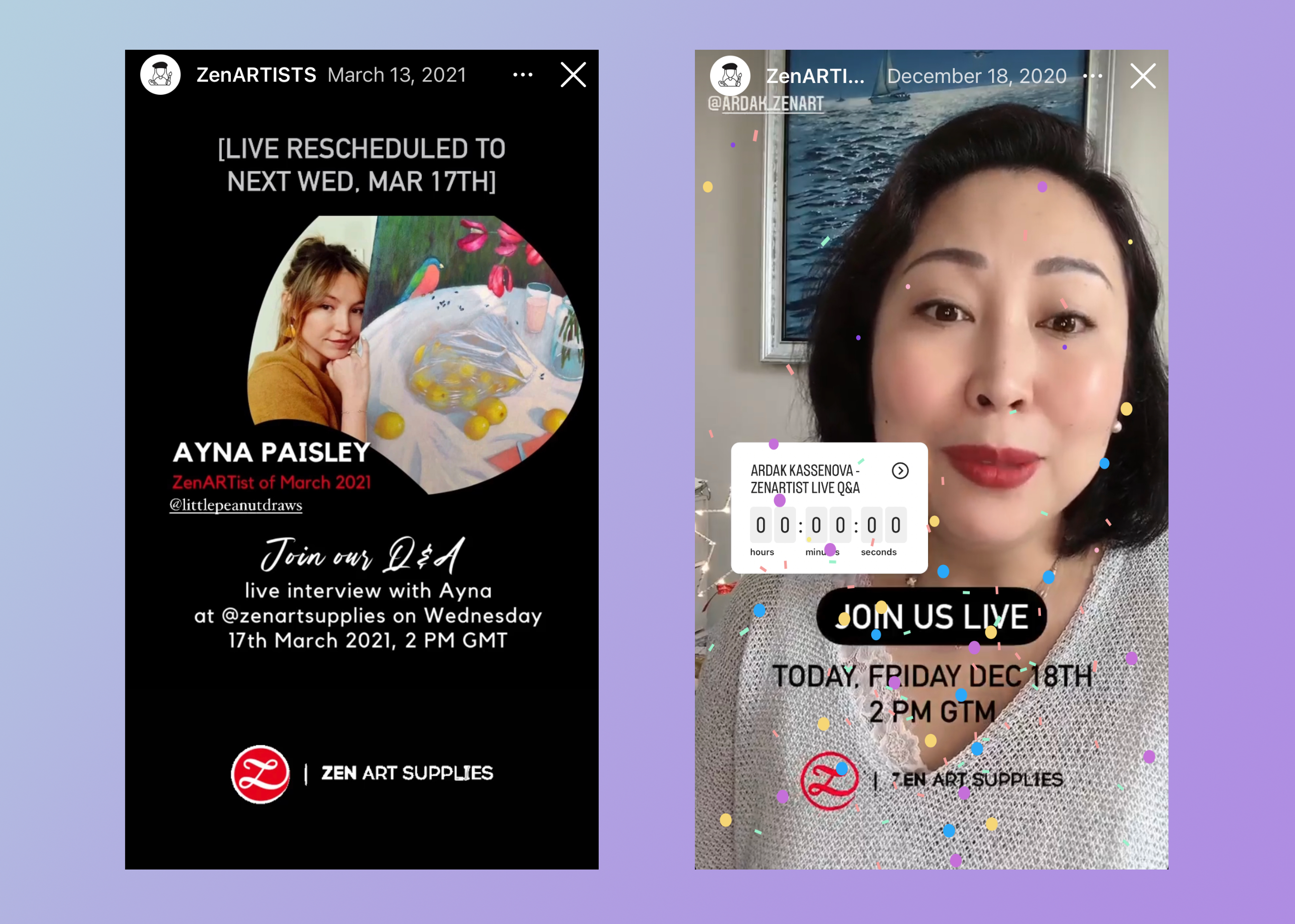 Side by side views of social media content from Zen Art Supplies in a mobile view