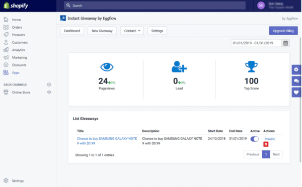 Instant Giveaway dashboard showing the performance of a giveaway campaign.