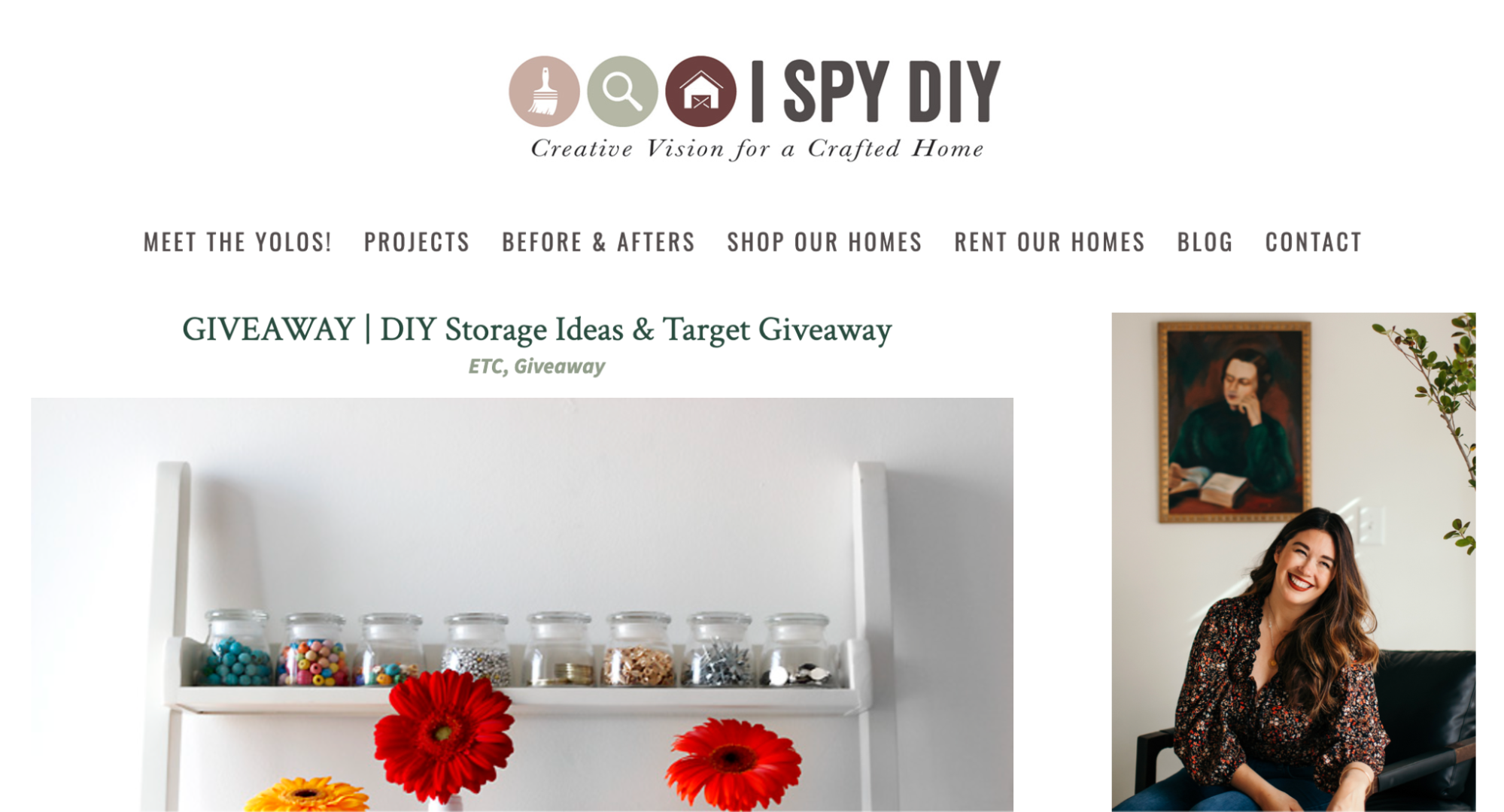 Blog post by I Spy DIY promoting a giveaway with an image of a smiling woman and red flowers.