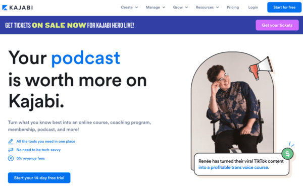 Kajabi's website homepage offering a 14 day free trial