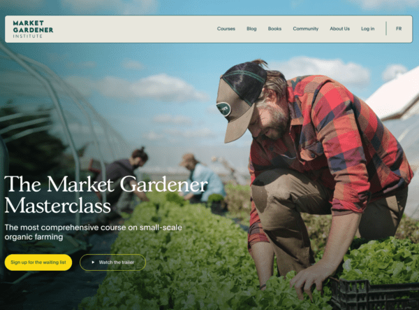 The homepage of the Market Gardener Institute showing a man gardening