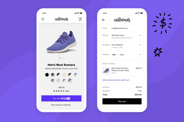 Mobile checkout page for buying Allbirds shoes with Shop Pay and payment details shown.