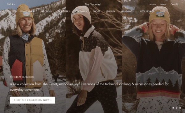 The Narwhal Boutique's ecommerce website homepage with women modeling winter outdoor apparel