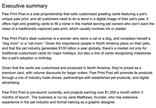 Executive summary for Paw Print Post detailing the business model and target customers.