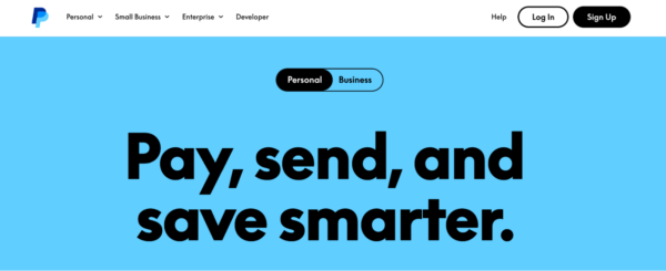 PayPal homepage with the headline “Pay, send, and save smarter.”