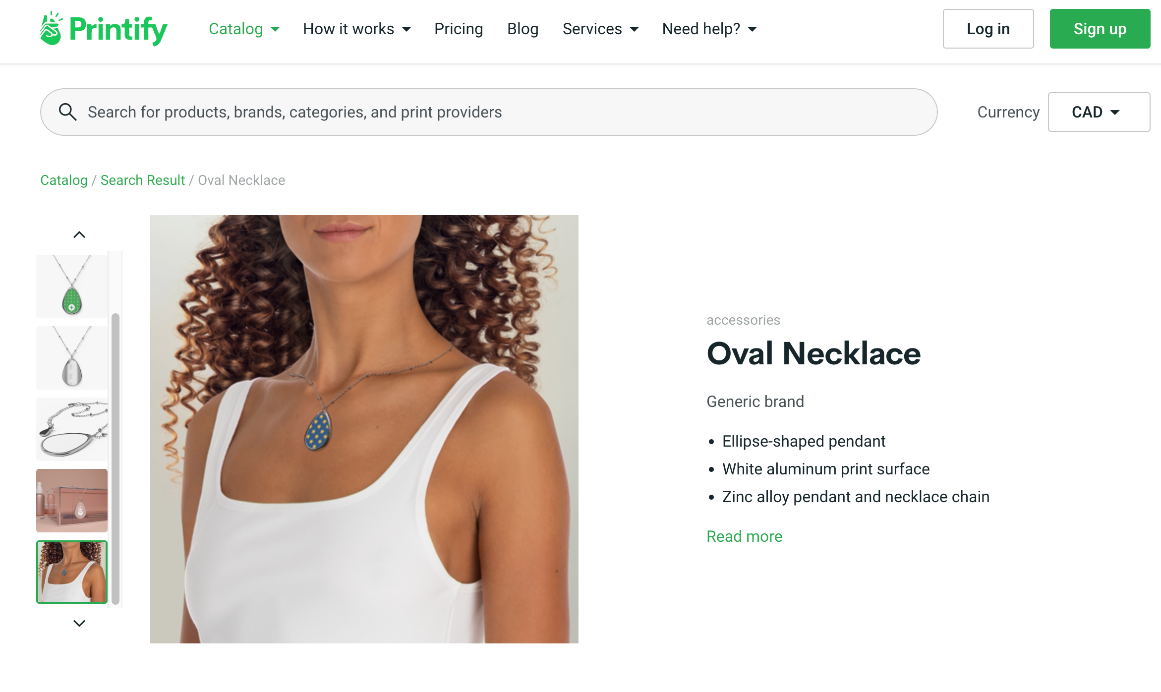 Printify website showing a product page for jewelry print-on-demand offerings