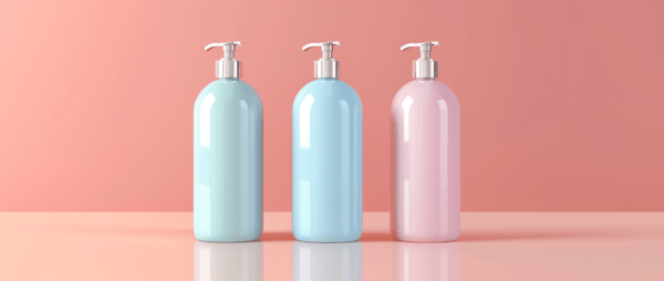 Three multicolored bottles with pumps sitting next to each other on a pink background.