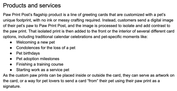 Products and services section of Paw Print Post showing customized greeting cards with paw prints.