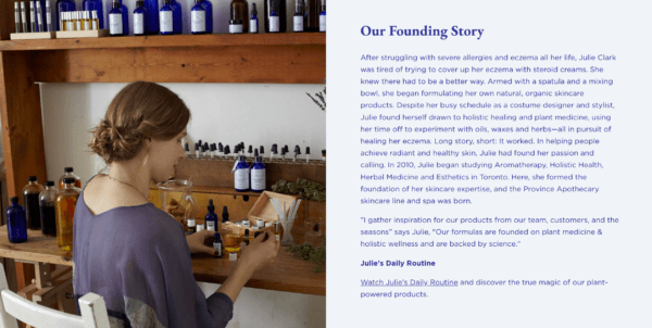 About Us page on Province Apothecary's website with a woman sorting product vials on a shelf