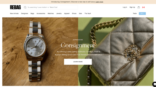 Rebag’s homepage showcasing luxury watches and handbags available for consignment.