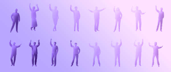 Two rows of eight silhouettes of people on a light purple background: best ai avatar generator.