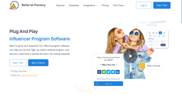 Referral Factory software interface with options to start a trial or get a demo.