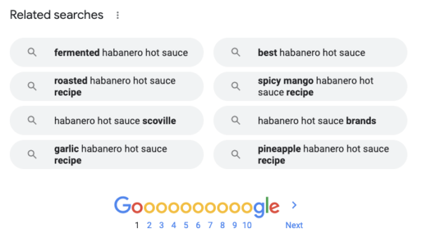 Example of the eight pre-populated queries that show when typing in "haberno hot sauce" at the bottom of a Google SERP