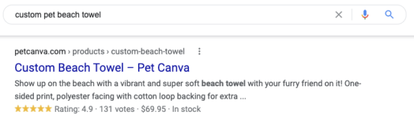 Screenshot example of Google’s SERP showing rich snippets with 4.9 star ratings of 5, number of votes, price, and stock availability