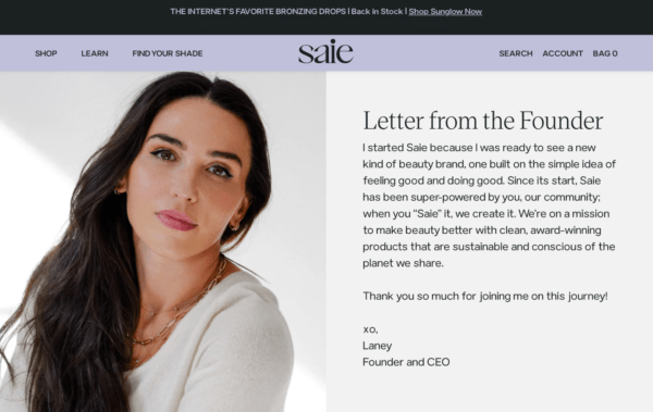 Saie beauty brand website with founder’s letter and portrait