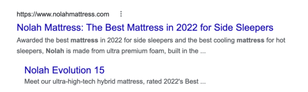 The meta description for Nolah Mattress featuring a direct link to its high-tech mattress.