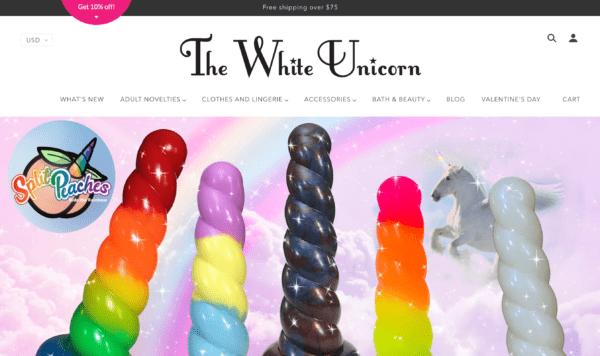 The White Unicorn's colorful ecommerce homepage for sex toys