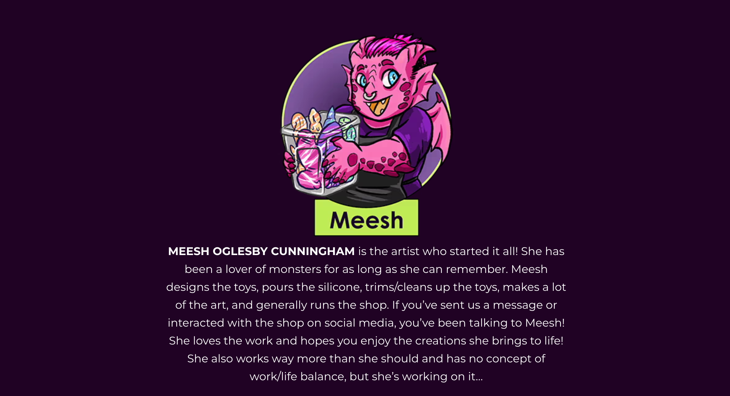 An ecommerce About Us page for Strange Bedfellas founder Meesh