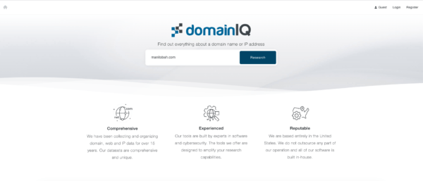 DomainIQ webpage with domain history search box.