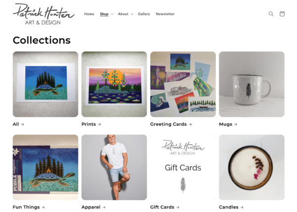 Webpage featuring products from artist Patrick Hunter's collection