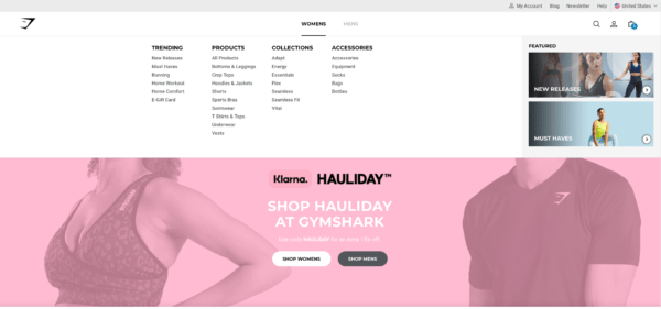 Image showing an example of good SEO within menu hierarchy which makes it easy for users to browse and search engines to crawl GymShark’s website, respectively.