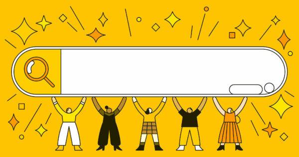 A group of characters hold up a search engine’s search bar in celebration of learning SEO.