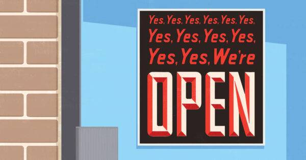 Illustration of a store window with a suggestive open sign