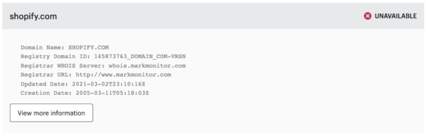 Shopify WHOIS data showing who owns the domain name