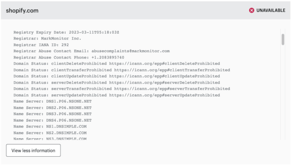 Shopify WHOIS information showing details on who owns the domain name