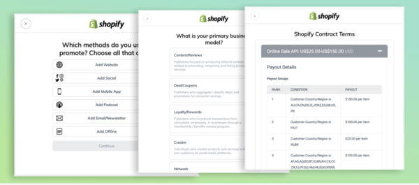 Assorted screenshots from the Shopify Affiliate Program signup form.
