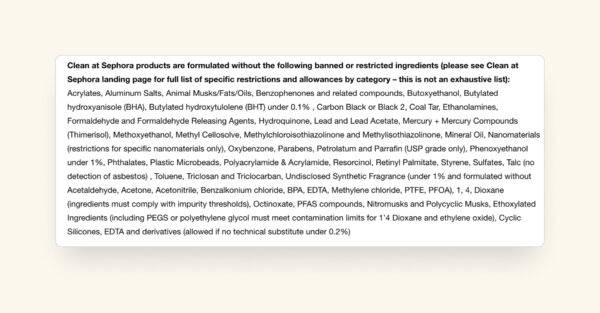 List of ingredients that aren't in Clean at Sephora products