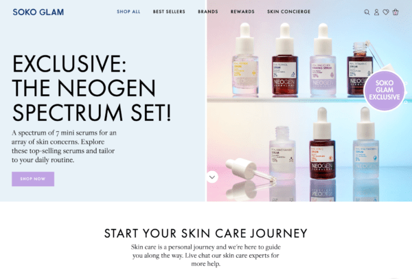 Homepage on Soko Glam's website with rows of skincare bottles