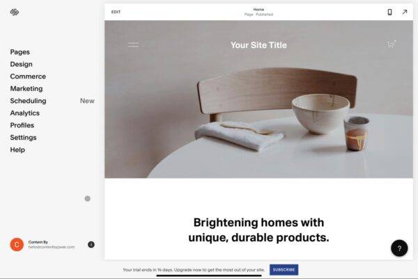 A homeware website homepage being designed using the Squarespace ecommerce platform