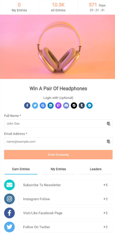 SweepWidget giveaway with an image of a pair of pink and gold headphones.