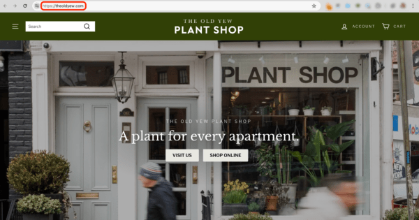 Homepage of The Old Yew plant store with a background image showing the storefront.