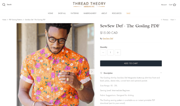 Webpage from the ecommerce site of Thread Theory