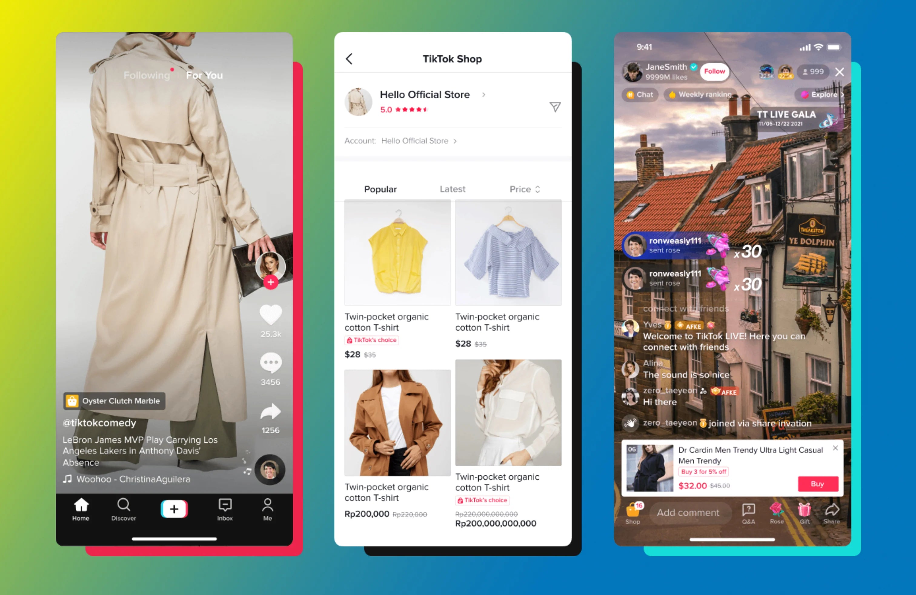 3 mobile panels showing TikTok shopping options