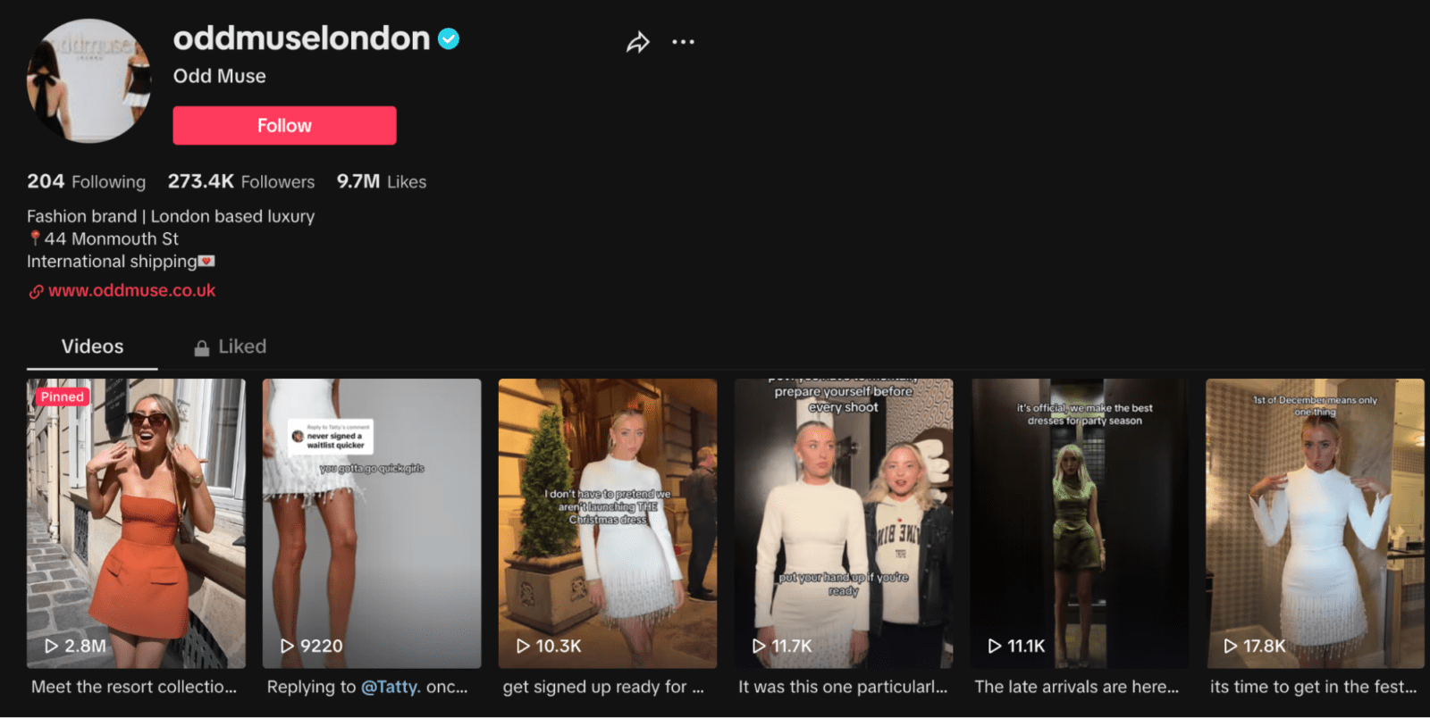 Odd Muse’s TikTok profile showing women wearing party dresses.