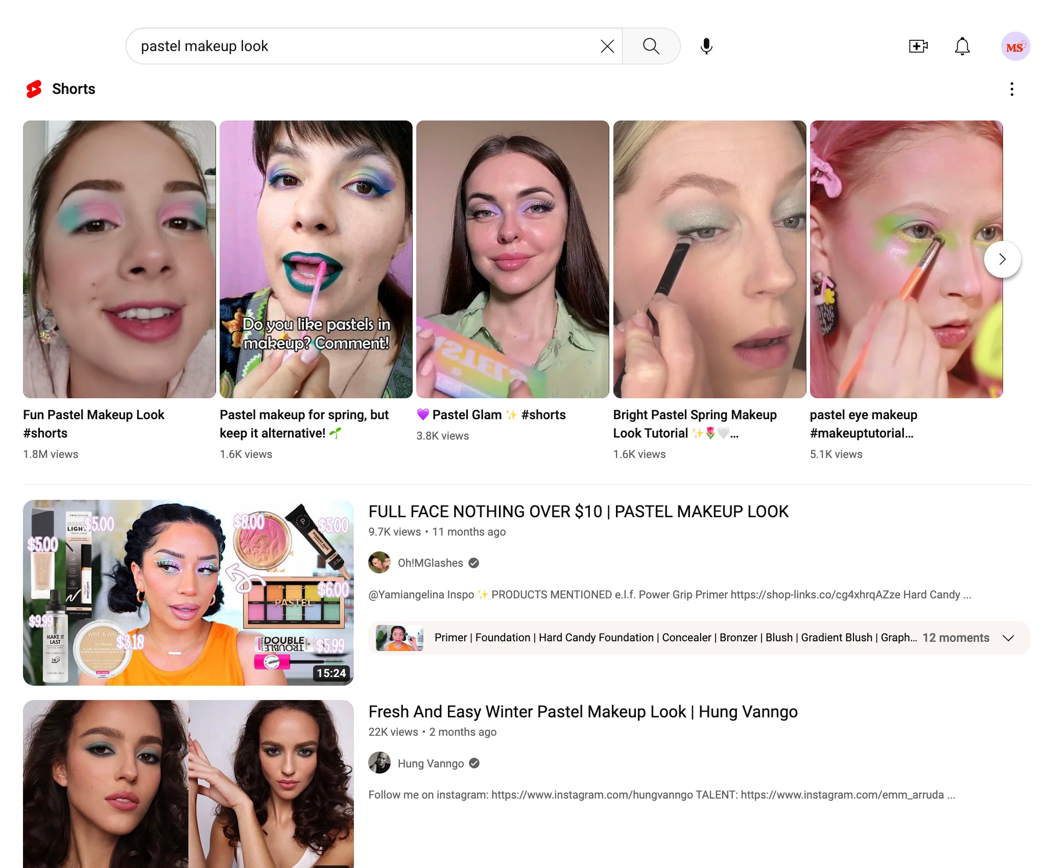 YouTube trending search page for pastel makeup look query