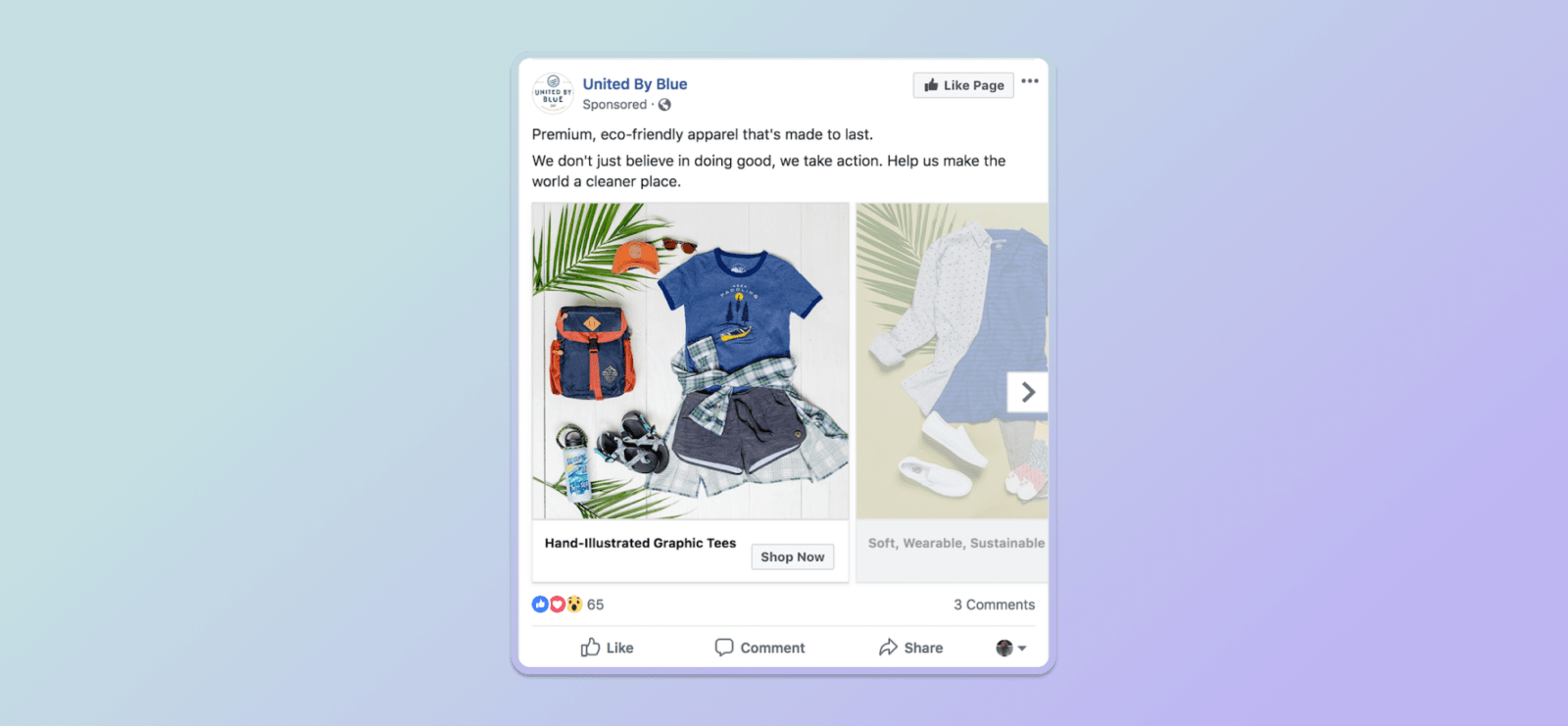 A Facebook ad with a carousel of images showing apparel products attracts lots of likes