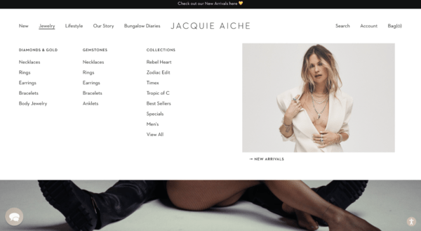 A mega menu on jewelry designer Jacquie Aiche's website.